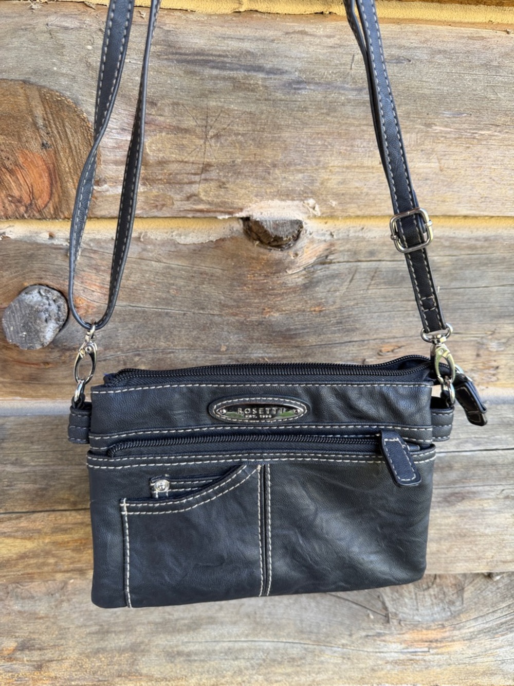 Rosetti Black Crossbody Bag with White Stitching Trim